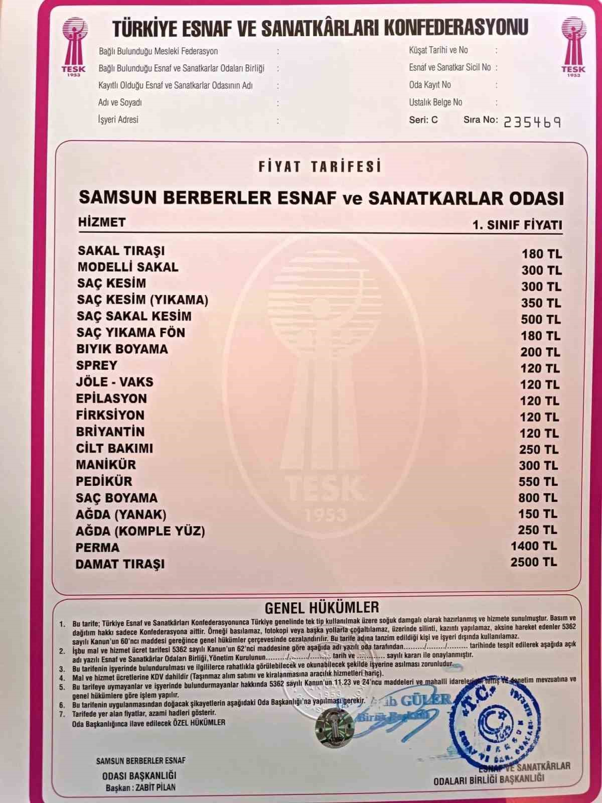 Samsun’da berberlere yeni fiyat tarifesi