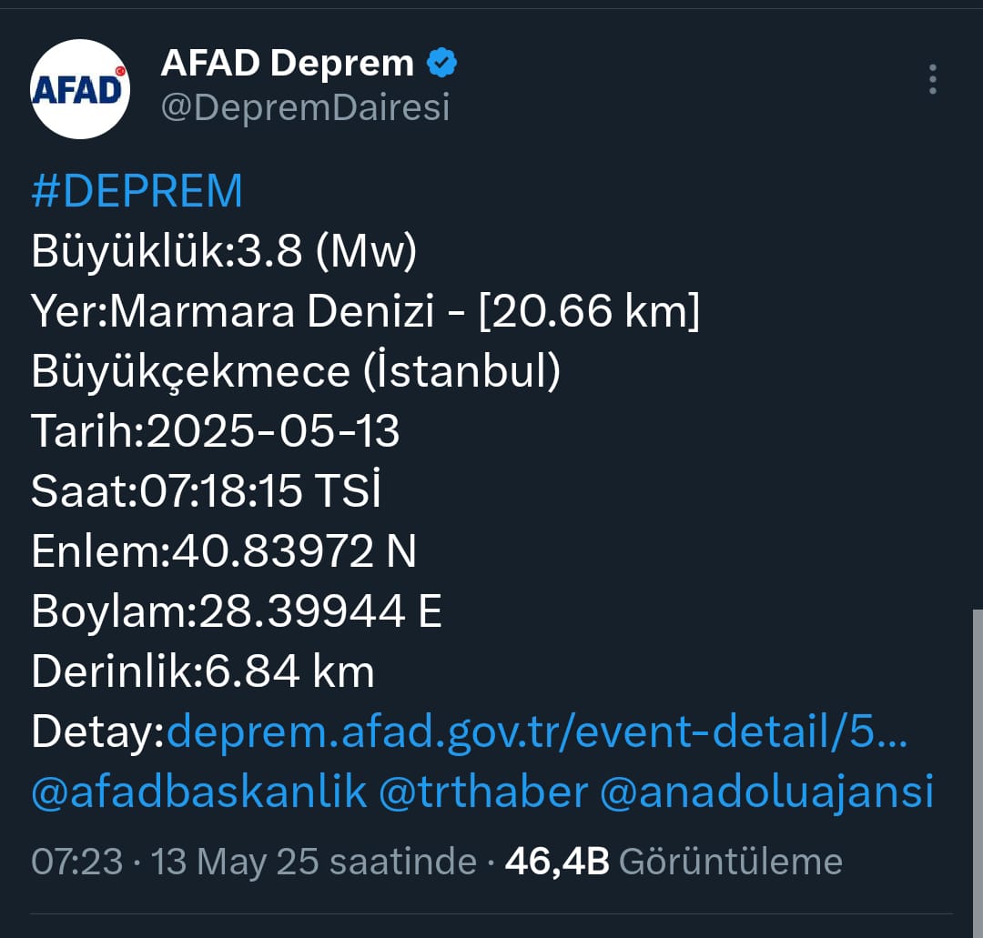 İstanbul'da 3.8 büyüklüğünde deprem!