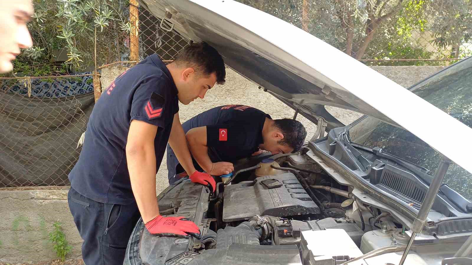 Aracın motoruna sıkışan yavru kedi kurtarıldı