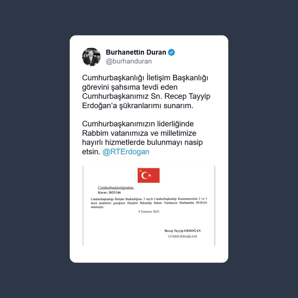 Cumhurbaşkanlığı İletişim Başkanlığına Burhanettin Duran atandı