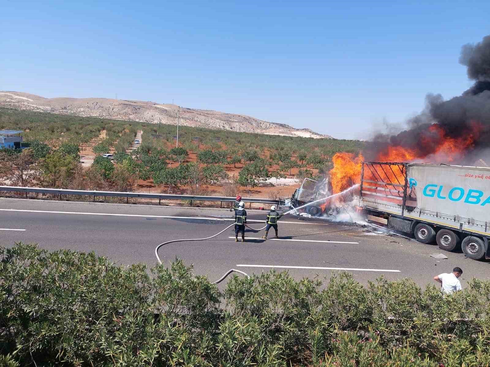 Park halindeki tıra çarpan tır alev topuna döndü: Feci kaza kamerada