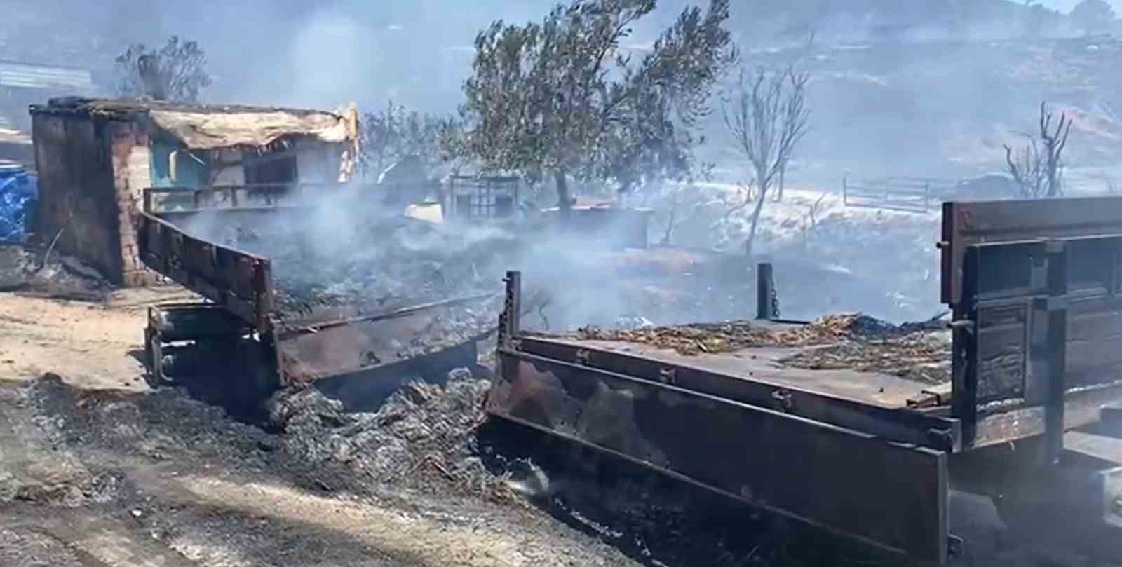 Çanakkale’de makilik alanda çıkan yangında ahır, ağıl ve traktör römorkları yandı