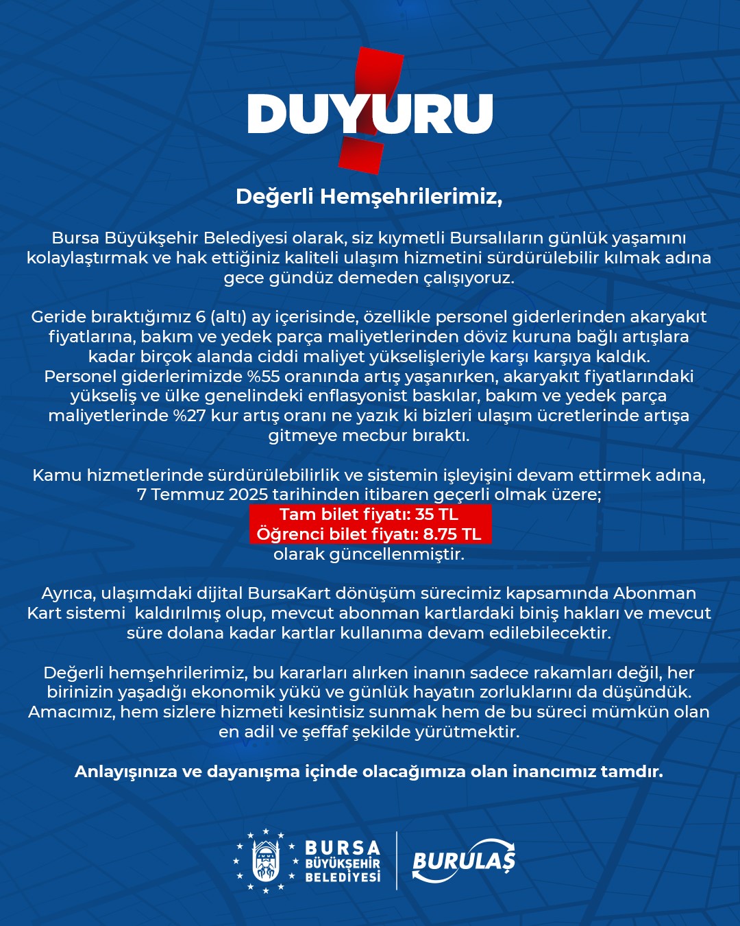 Burulaş, abonman kart sisteminin kaldırıldığını duyurdu