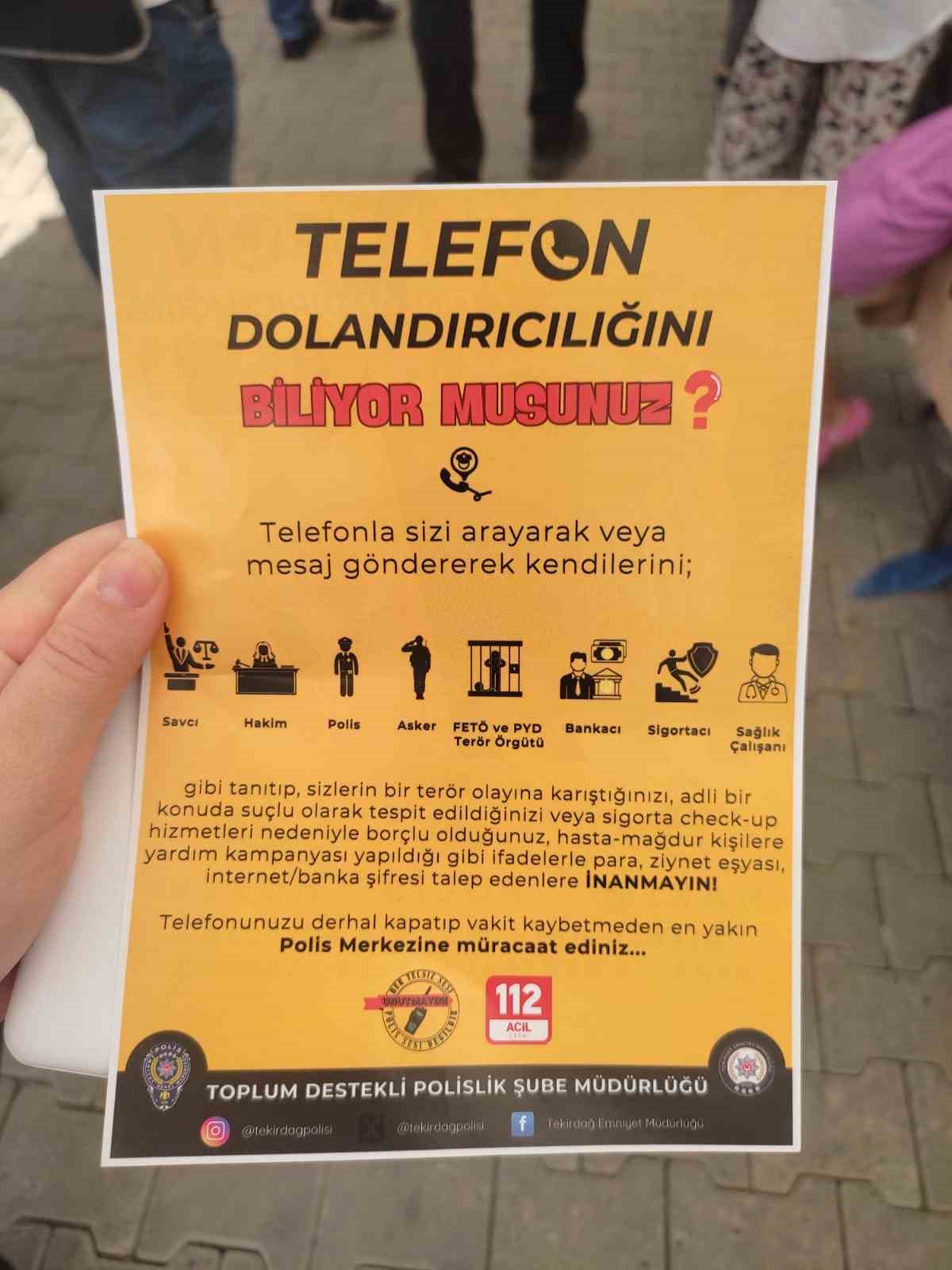 Tekirdağ’da telefon dolandırıcılığına karşı broşür dağıtıldı