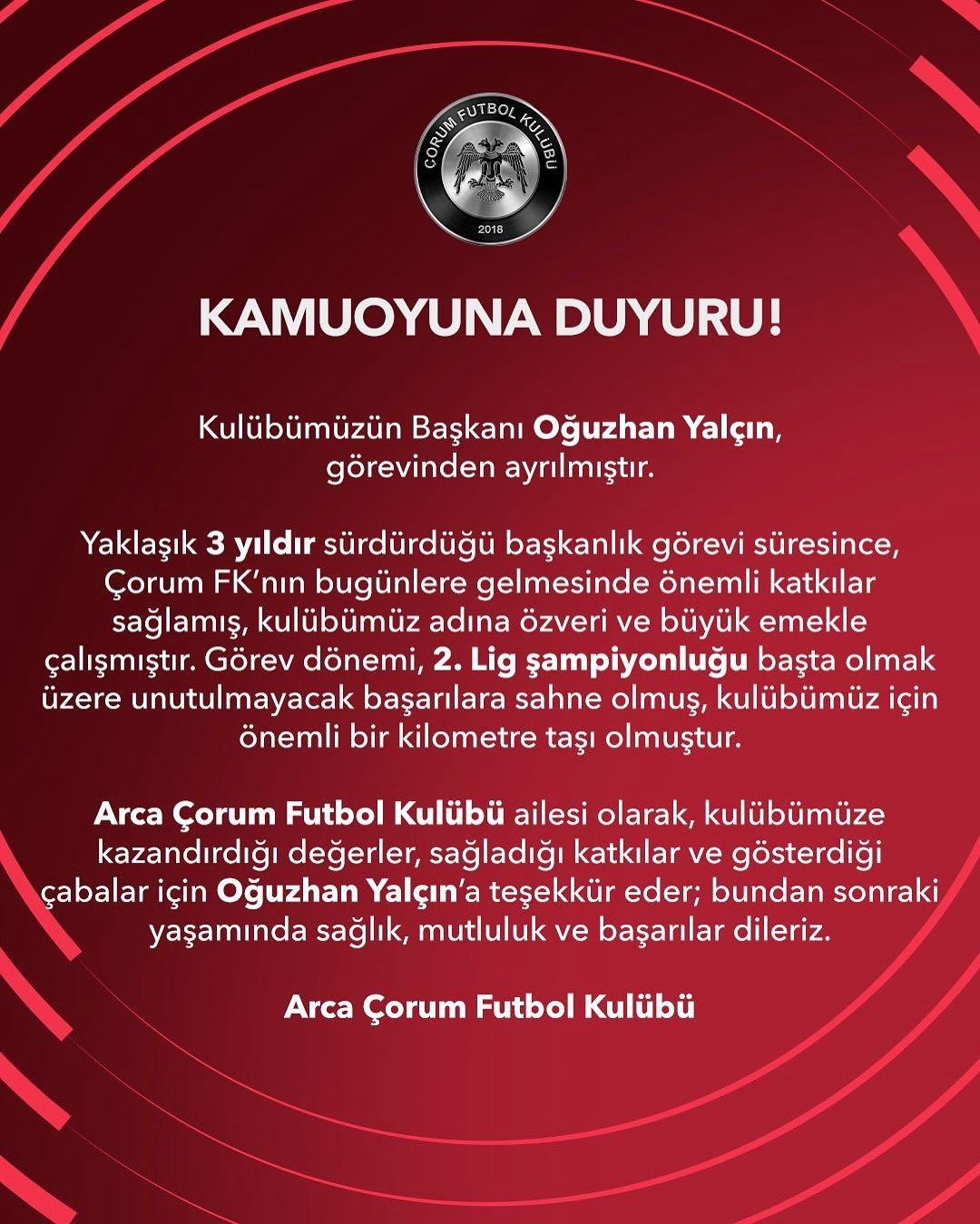 Çorum FK Başkanı Oğuzhan Yalçın görevinden ayrıldı