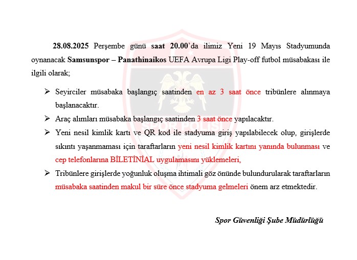 Spor polisinden Samsunspor-Panathinaikos maçı için uyarı