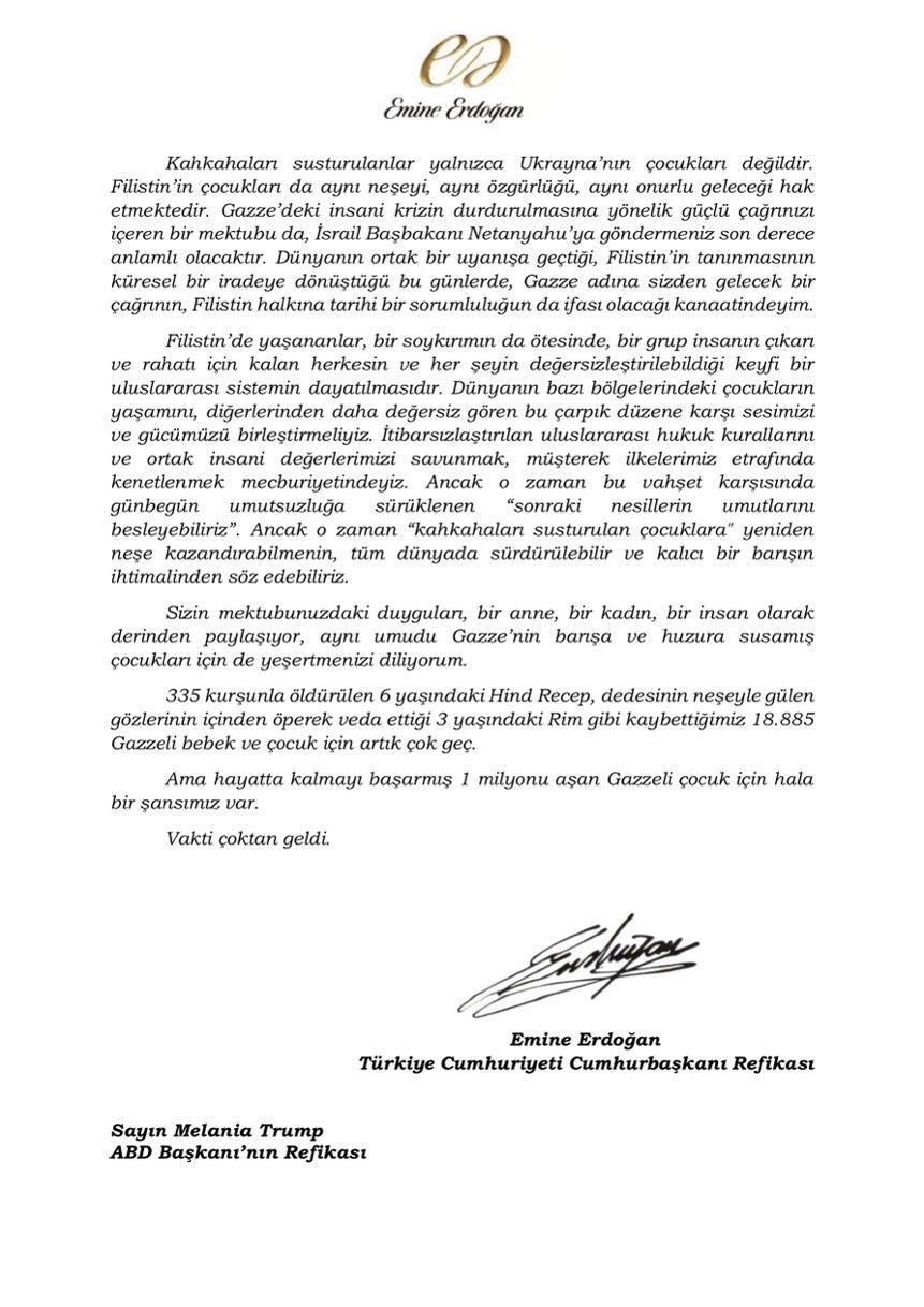 Emine Erdoğan’dan Melania Trump’a Gazze’deki insani krize ilişkin mektup:
