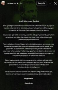 Kadro dışı kalan Caner Erkin’den açıklama