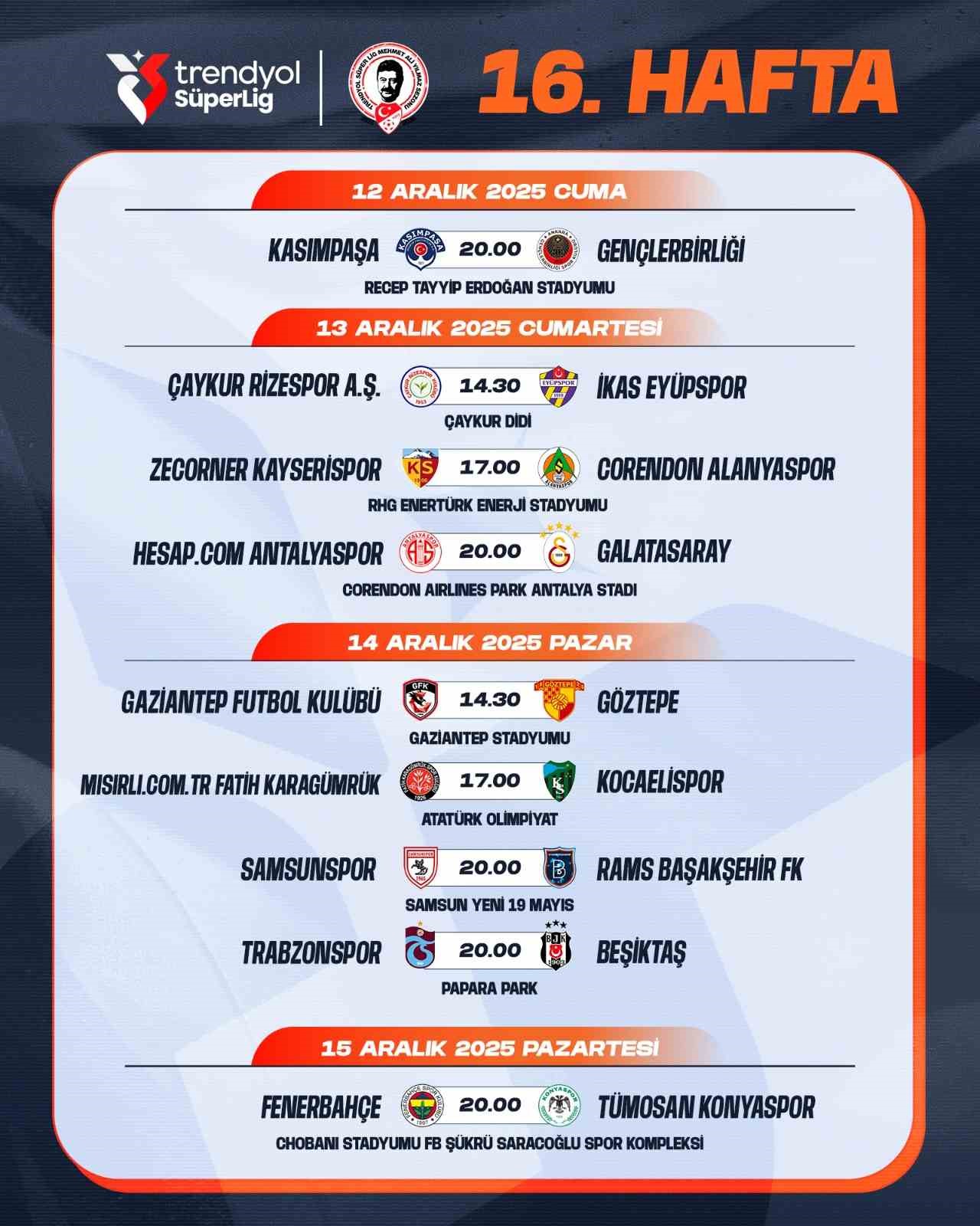 Trendyol Süper Lig’de 7-16. hafta programları açıklandı